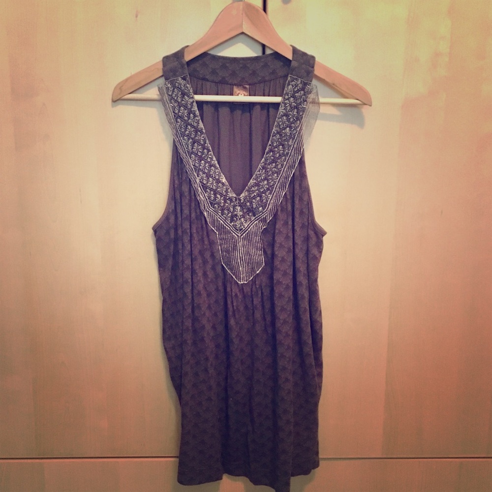 Grey Printed Tank with Sequined Trim Collar